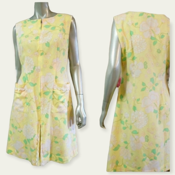 Vintage 1960s Bill Simms Sleeveless Mod Shaker Square Floral Shift Dress Large - Picture 2 of 11